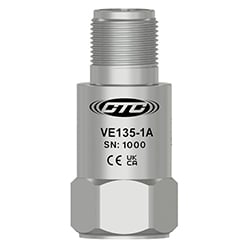 A stainless steel, standard size, top exit VE135 piezo velocity vibration sensor, engraved with the CTC Line logo, part number, serial number, and CE and UKCA certification markings.